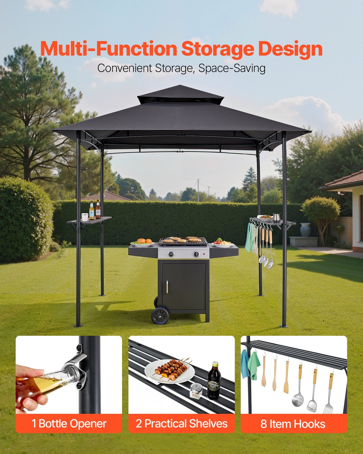 Grillpaviljong, 2,43 x 1,5 m utomhusgrillpaviljong med dubbelt tak, pulverlackerat stålgrilltak med 2 sidohyllor och 8 krokar, grilltak för uteplats, trädgård, picknick