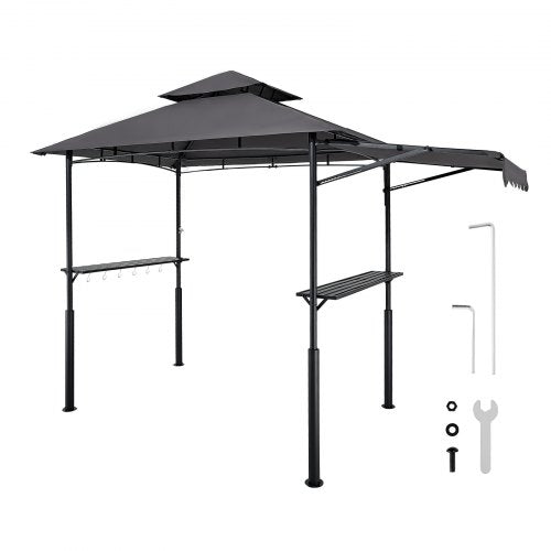 Grillpaviljong, 2,43 x 1,5 m dubbelt tak, förstärkt grillpaviljong med extra markis, pulverlackerat stålgrilltak med 2 sidohyllor och krokar, grilltak för trädgården