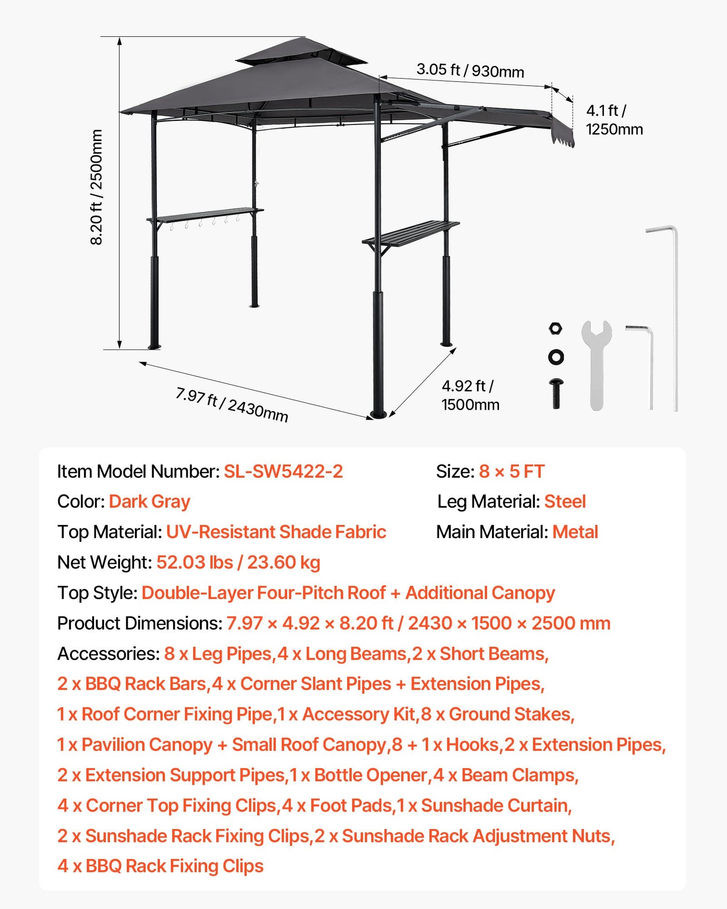 Grillpaviljong, 2,43 x 1,5 m dubbelt tak, förstärkt grillpaviljong med extra markis, pulverlackerat stålgrilltak med 2 sidohyllor och krokar, grilltak för trädgården