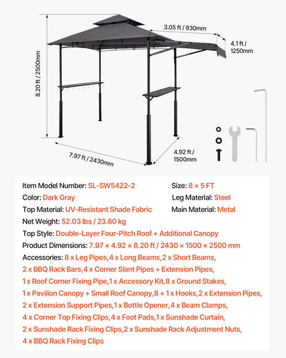 Grillpaviljong, 2,43 x 1,5 m dubbelt tak, förstärkt grillpaviljong med extra markis, pulverlackerat stålgrilltak med 2 sidohyllor och krokar, grilltak för trädgården