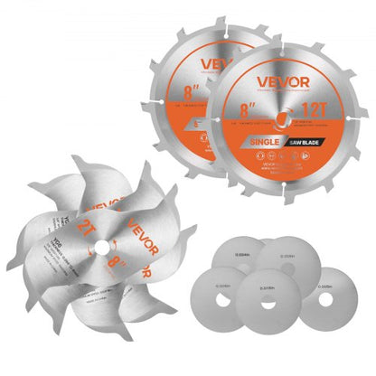 Dado Blade Set, 203 mm Diameter, 12 Sharp Alloy Teeth, 15.875 mm Arbor, Fine Finish, Stacking Dado Blades with Chippers and Shims, Noise-Reducing Heat Vents, for Cutting Plywood, OSB, Hardwood