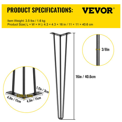Hårnålsben 40,6 cm svarta set med 4 skrivbordsben vardera 99,8 kg kapacitet Hårnålsben 3 stänger för bänkskrivbord matbordssidobordsstolar kolstål gör-det-själv-bordsben kraftiga möbelben