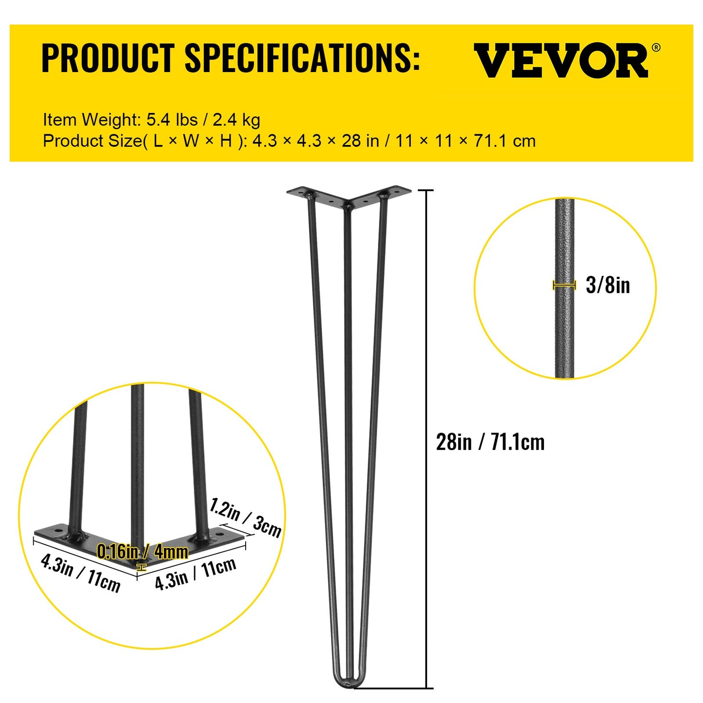 Hårnålsben 71,1 cm svarta set med 4 skrivbordsben vardera 99,8 kg kapacitet Hårnålsben 3 stänger för bänkskrivbord matbordssidobordsstolar kolstål gör-det-själv-bordsben kraftiga möbelben