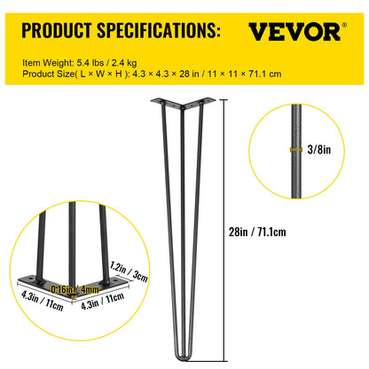 Hårnålsben 71,1 cm svarta set med 4 skrivbordsben vardera 99,8 kg kapacitet Hårnålsben 3 stänger för bänkskrivbord matbordssidobordsstolar kolstål gör-det-själv-bordsben kraftiga möbelben