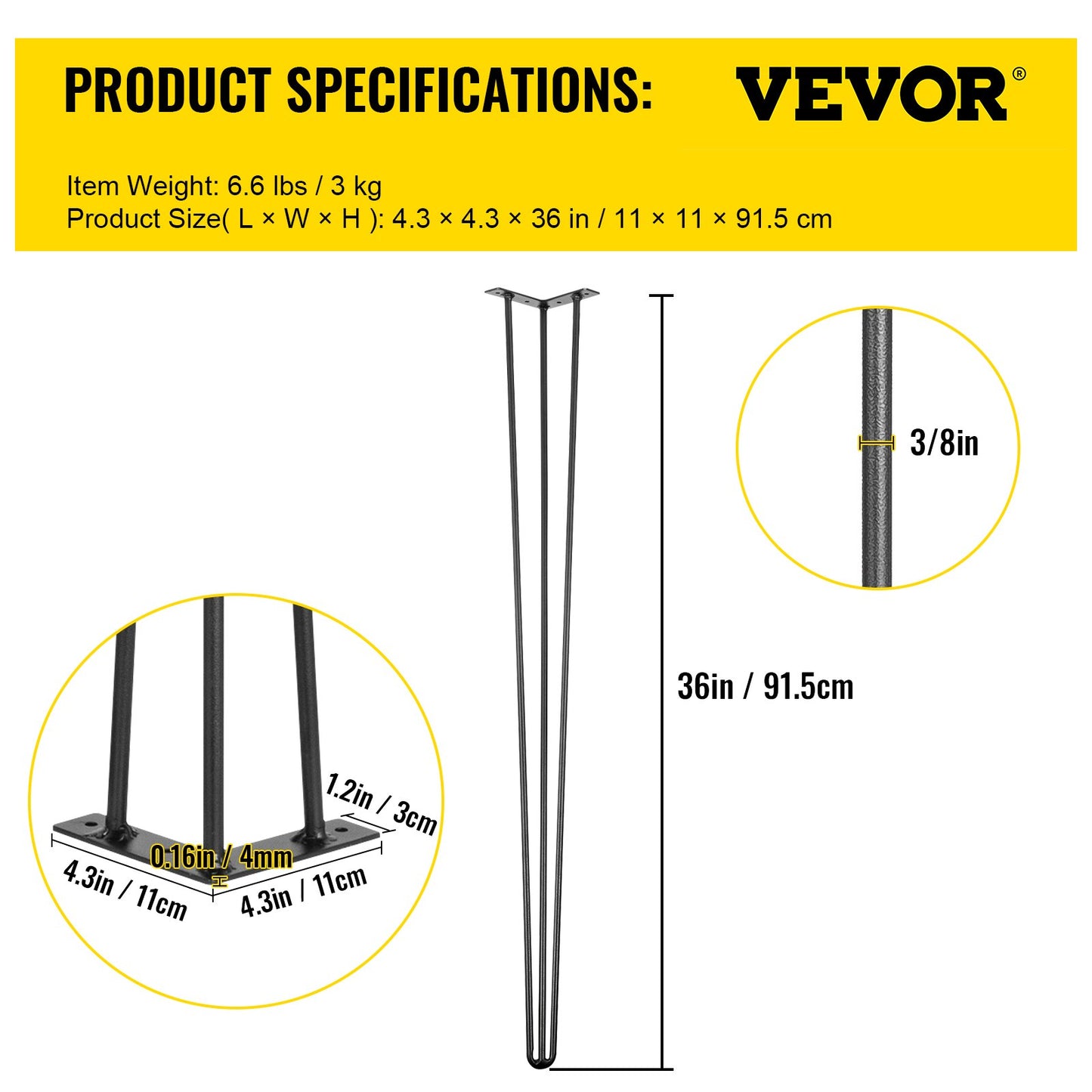 Hårnålsben 91,4 cm svarta set med 4 skrivbordsben 399,2 kg lastkapacitet (99,8 kg vardera) Hårnålsben 3 stänger för bänkskrivbord matbordssidobord stolar kolstål gör-det-själv kraftiga möbelben