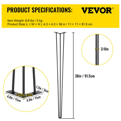 Hårnålsben 91,4 cm svarta set med 4 skrivbordsben 399,2 kg lastkapacitet (99,8 kg vardera) Hårnålsben 3 stänger för bänkskrivbord matbordssidobord stolar kolstål gör-det-själv kraftiga möbelben