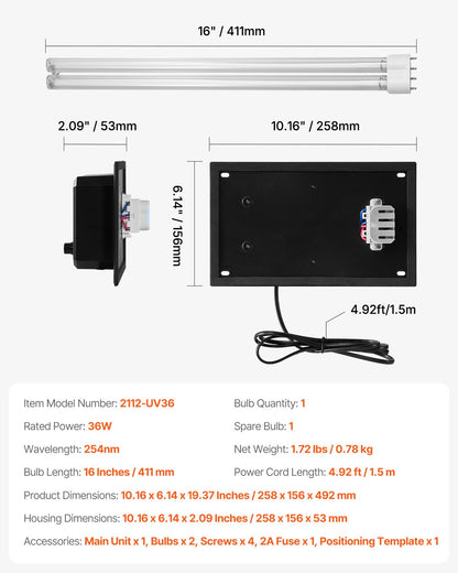HVAC luftrenare för hela huset, 36W 16 tum, UV UVC-lampa i kanal för AC (luftkonditionering) kanal, luftskrubber med 1 reservlampa, HVAC UV-lampor för AC-system
