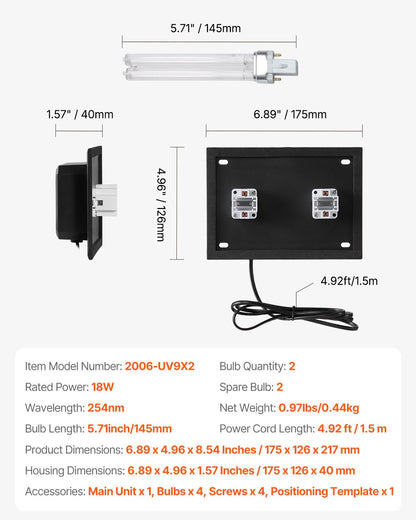 HVAC luftrenare för hela huset, 18W 7 tum, UV UVC-lampa i kanal för AC (luftkonditionering) kanal, luftskrubber med 2 ersättningslampor, HVAC UV-lampor för AC-system