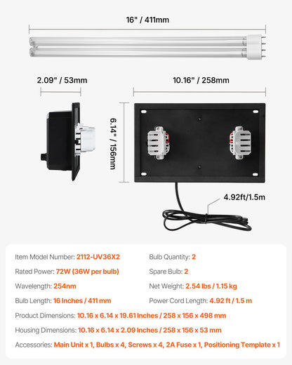 HVAC luftrenare för hela huset, 72W 16 tum, UV UVC-lampa i kanal för AC (luftkonditionering) kanal, luftskrubber med 2 ersättningslampor, HVAC UV-lampor för AC-system