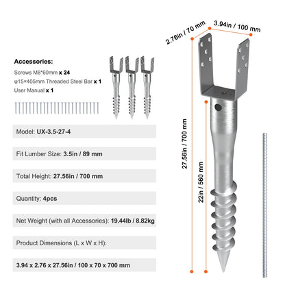 Grävfri markankare, 4-pack 3,94 x 2,76 x 27,56 tum/10 x 7 x 70 cm DIY-skruvinsättning för stolpe, inkluderar 6 dragbultar och armeringsjärn, U-formad kraftig stålstolpehållare, utmärkt för brevlådestolpar och staketstolpar