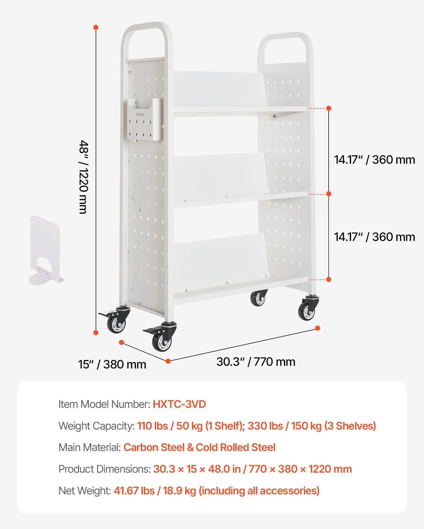 Rullande biblioteksbokvagn, 150 kg kapacitet, 77 x 38 x 122 cm biblioteksvagn, enkelsidiga V-formade hyllor med 76,2 mm låsbara hjul, bokvagn för hemhyllor, kontor och skola, vit