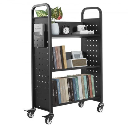 Rullande biblioteksbokvagn, 150 kg kapacitet, 77 x 38 x 122 cm biblioteksvagn, enkelsidiga V-formade hyllor med 76,2 mm låsbara hjul, bokvagn för hemhyllor, kontor och skola, svart