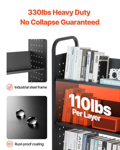 Rullande biblioteksbokvagn, 150 kg kapacitet, 77 x 38 x 122 cm biblioteksvagn, enkelsidiga V-formade hyllor med 76,2 mm låsbara hjul, bokvagn för hemhyllor, kontor och skola, svart