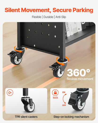 Rullande biblioteksbokvagn, 150 kg kapacitet, 77 x 38 x 122 cm biblioteksvagn, enkelsidiga V-formade hyllor med 76,2 mm låsbara hjul, bokvagn för hemhyllor, kontor och skola, svart
