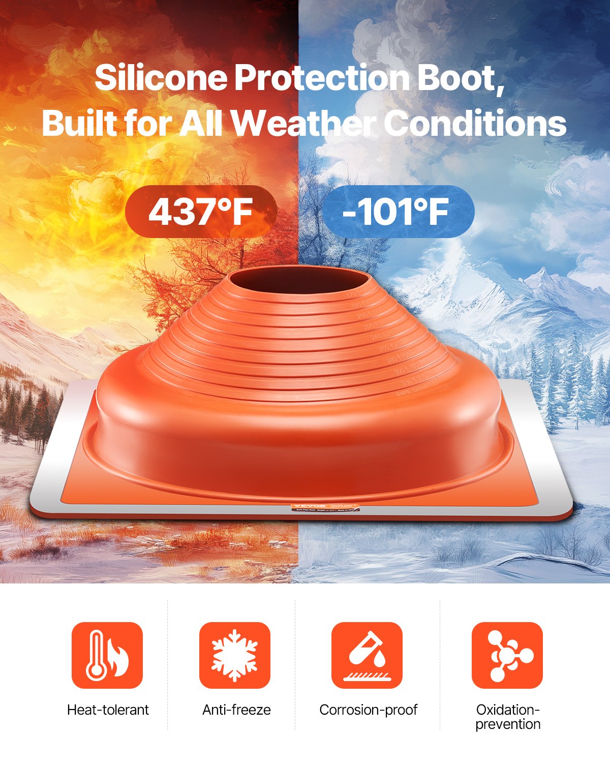 2 st. takrörsskydd, passar rör med ytterdiameter 6-3/4" till 14", flexibel silikon takjack för rörbeslag, hög temperatur -101℉ till 437℉, fyrkantig metallbas, för skorsten, vedspis och utomhusventilationsrör