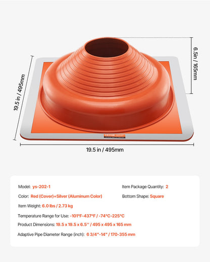 2 st. takrörsskydd, passar rör med ytterdiameter 6-3/4" till 14", flexibel silikon takjack för rörbeslag, hög temperatur -101℉ till 437℉, fyrkantig metallbas, för skorsten, vedspis och utomhusventilationsrör