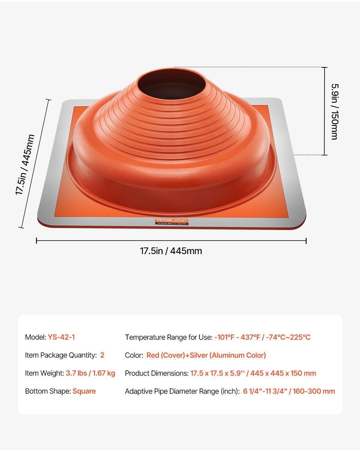 2 st. takrörsskydd, passar rör ytterdiameter 6-1/4" - 11-3/4", flexibel silikon takdomkraft för rörbeslag, hög temperatur -101℉ - 437℉, fyrkantig metallbas, för skorsten, vedspis och utomhusventilationsrör