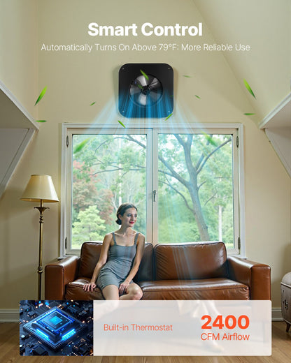 Takfläkt för vindsutrymme, 35W smart solcellsfläkt för takventilation med automatisk temperaturkontroll, 2400 CFM luftflöde, inbyggd borstlös likströmsmotor för kylning och avfuktning, ingen fjärrkontroll