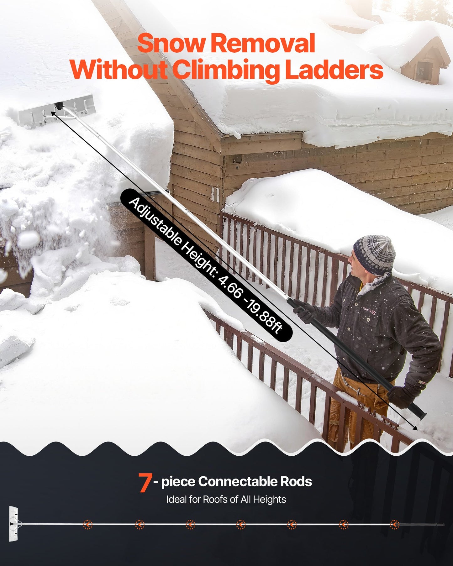 Snow Roof Rake, 66 cm Aluminum Blade, 2.3-6 m Adjustable Roof Snow Scraper with Wheels, Anti-Slip Handle Snows Removal Tool, Lightweight House Rooftop Rake for Leaves Debris Removal
