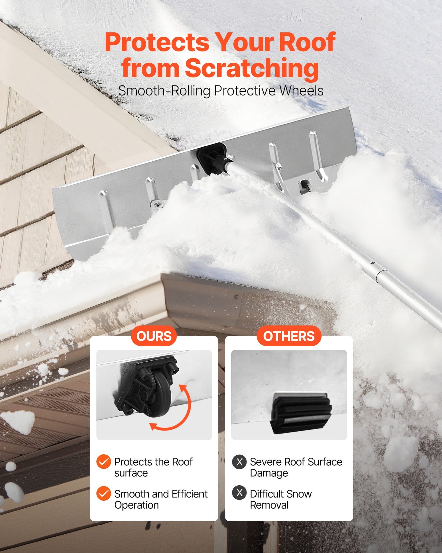 Snow Roof Rake, 66 cm Aluminum Blade, 2.3-6 m Adjustable Roof Snow Scraper with Wheels, Anti-Slip Handle Snows Removal Tool, Lightweight House Rooftop Rake for Leaves Debris Removal