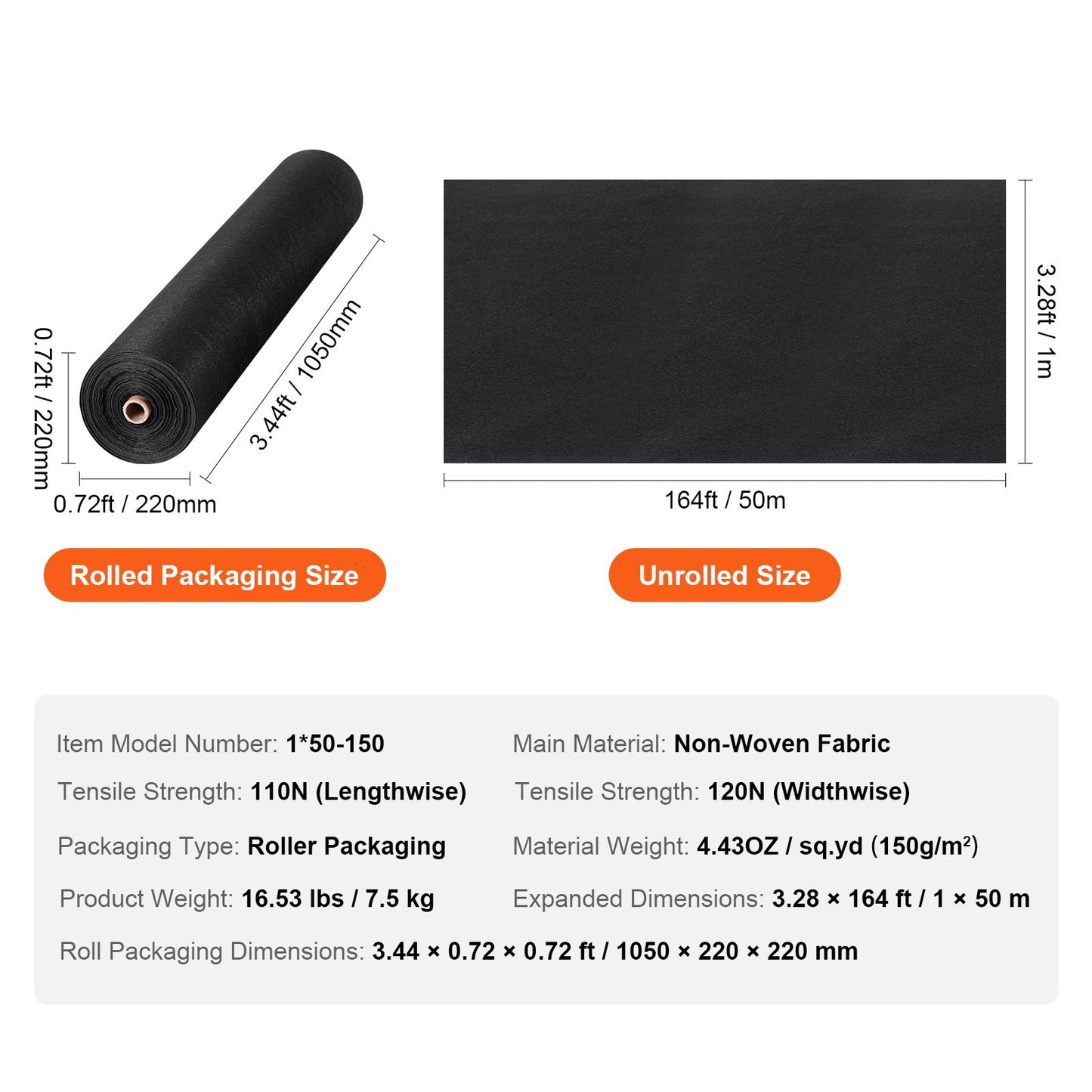 Uppfartstyg, 1 x 50 m non-woven geotextil för landskapsarkitektur, kraftig ogräsbarriärtyg för trädgården, 125,6 g landskapstyg, dräneringstyg för franska avlopp, marktäckande ogräsbekämpning