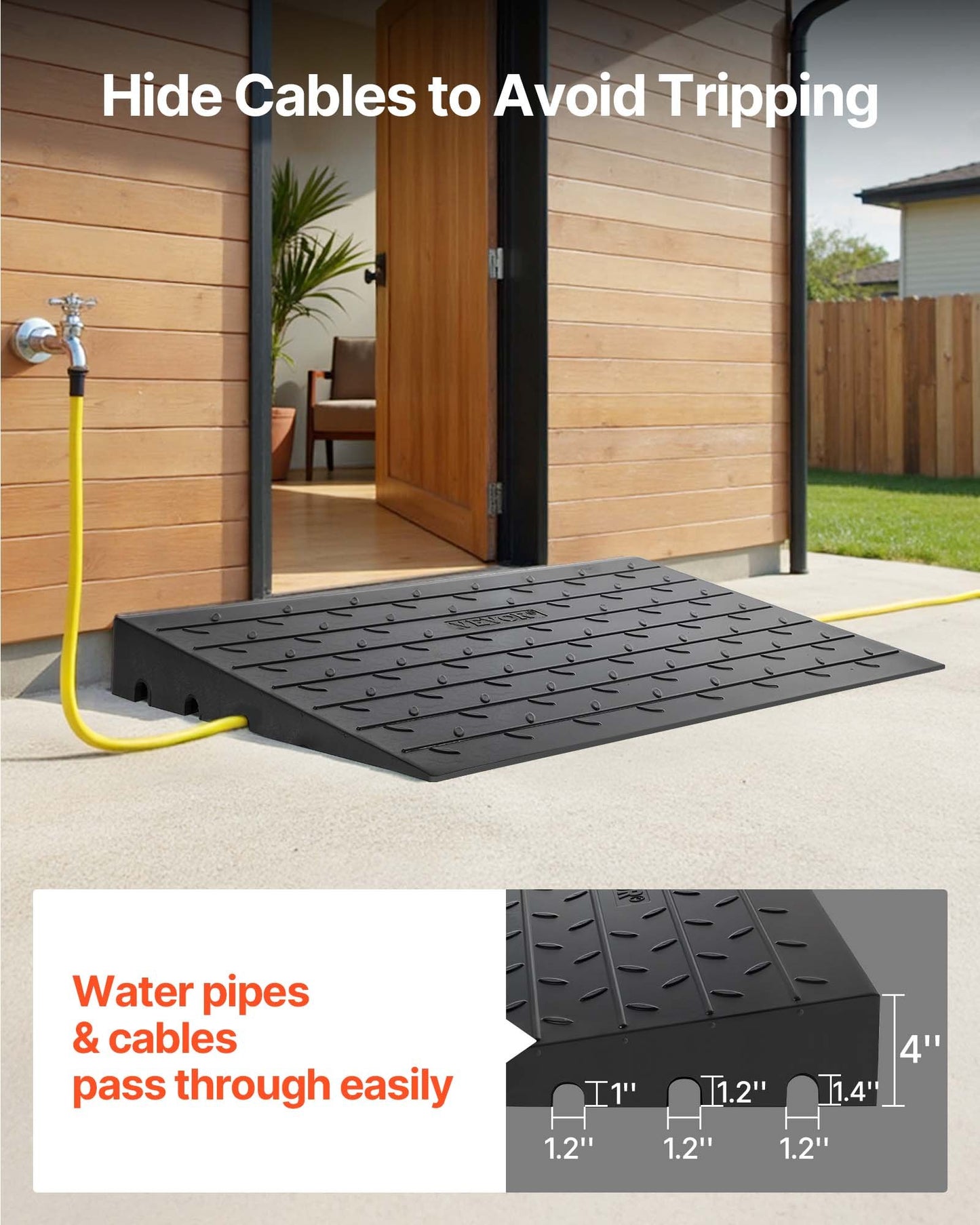 Rubber Threshold Ramp, 4\" Rise Threshold Ramp Doorway, 3 Channels Cord Cover Rubber Solid Threshold Ramp, Rubber Angled Entry Rated 2200 Lbs Load Capacity for Wheelchair and Scooter