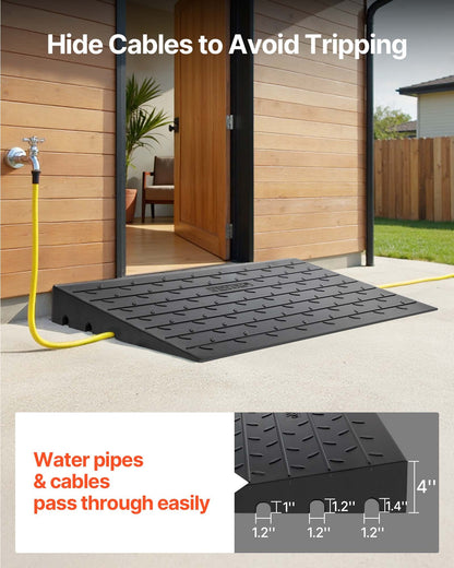 Rubber Threshold Ramp, 4\" Rise Threshold Ramp Doorway, 3 Channels Cord Cover Rubber Solid Threshold Ramp, Rubber Angled Entry Rated 2200 Lbs Load Capacity for Wheelchair and Scooter