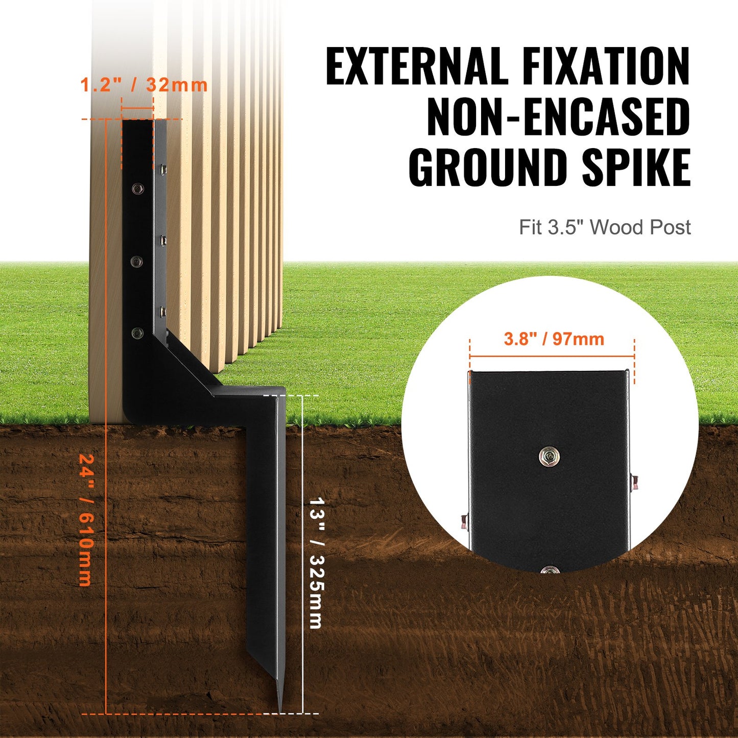 Reparationssats för ankare i staketstolpar, 4-pack innerdiameter 3,5 x 3,5 tum kraftiga stödpinnar i stål för staketstolpar, jordspett för ankare för reparation av lutande, trasig trästolpe, omslutande