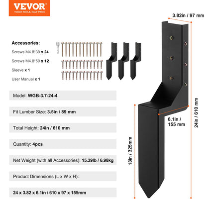 Reparationssats för ankare i staketstolpar, 4-pack innerdiameter 3,5 x 3,5 tum kraftiga stödpinnar i stål för staketstolpar, jordspett för ankare för reparation av lutande, trasig trästolpe, omslutande