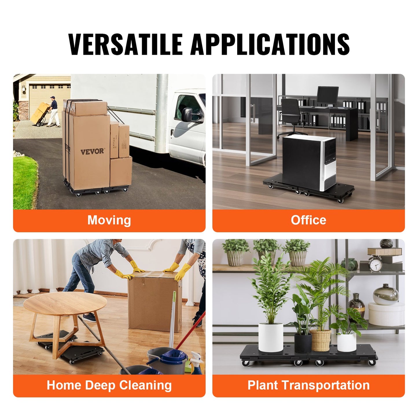 Möbelvagn, 226,8 kg kapacitet per förpackning, möbelflyttningsvagn med hjul, bärbara flytthjul, 4 hjul, kraftig, liten platt vagn med låsfunktion för tunga möbler, 2-pack, svart