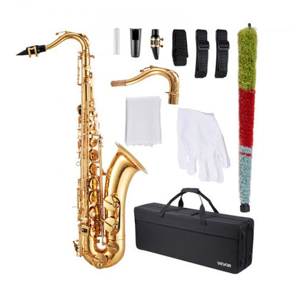 Tenorsaxofon, B-moln, professionellt nybörjarkit för mässingssaxofon med bärväska, munstycke, remmar, rengöringsduk, handskar, halsrem, tenorsaxofonkit med 23 tangenter, för nybörjare, guld