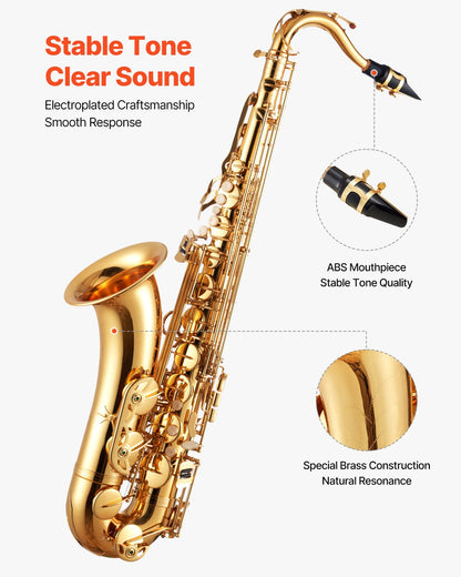 Tenorsaxofon, B-moln, professionellt nybörjarkit för mässingssaxofon med bärväska, munstycke, remmar, rengöringsduk, handskar, halsrem, tenorsaxofonkit med 23 tangenter, för nybörjare, guld