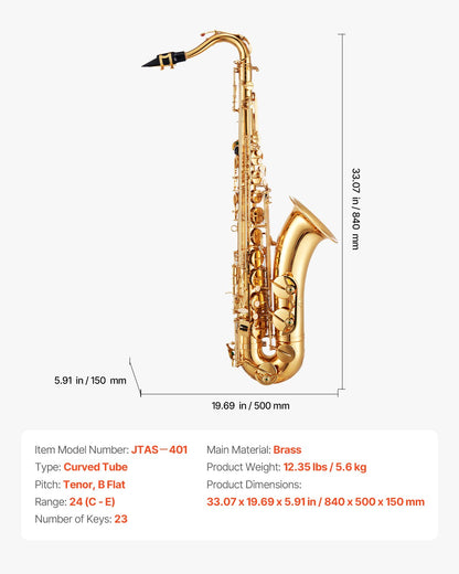 Tenorsaxofon, B-moln, professionellt nybörjarkit för mässingssaxofon med bärväska, munstycke, remmar, rengöringsduk, handskar, halsrem, tenorsaxofonkit med 23 tangenter, för nybörjare, guld