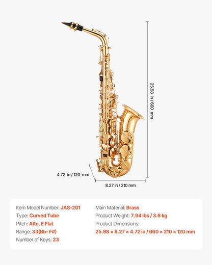 Altsaxofon, Ess-modell, nybörjarkit för mässingssaxofon med bärväska, munstycke, remmar, rengöringsduk, handskar, fett, halsrem, altsaxofonkit med 23 tangenter, för nybörjare, guld