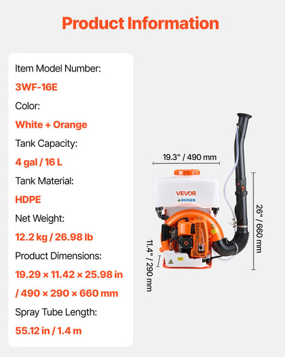 Ryggsäcksspruta med dimma, 63CC 3HK motor, bensindriven dimmaspruta med 16L tank, pulver- och vätskespraysystem för effektiv bekämpning av loppor, fästingar och insekter, trädgårdsskötsel och jordbruk
