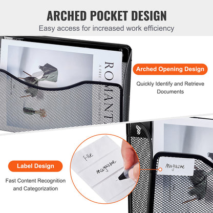 File Wall Rack, Three-Piece 1 Pocket Mesh Wall File Holder, Wall Mounted Magazine Mail Paper & Document Storage Folder, Metal Wall File Organizer with Nametag Label, for Office Home & School