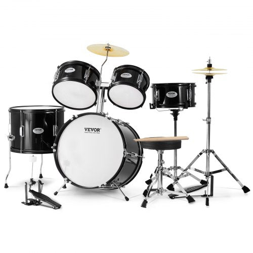 Barntrumset, 5-delars, 16-tums komplett trumset för nybörjare med baspukor, virveltrumma, golvtrumma, justerbar troncymbal, hi-hat-pedal och två par trumstockar, nybörjartrumset för barn, svart