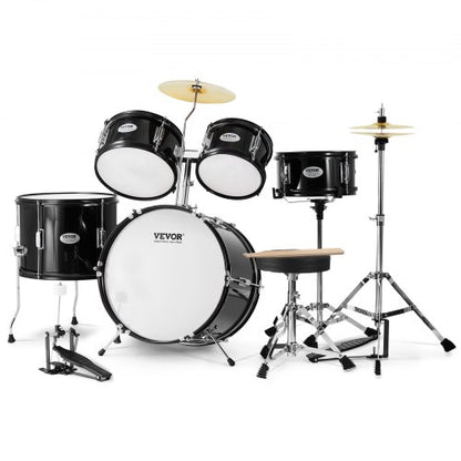 Barntrumset, 5-delars, 16-tums komplett trumset för nybörjare med baspukor, virveltrumma, golvtrumma, justerbar troncymbal, hi-hat-pedal och två par trumstockar, nybörjartrumset för barn, svart