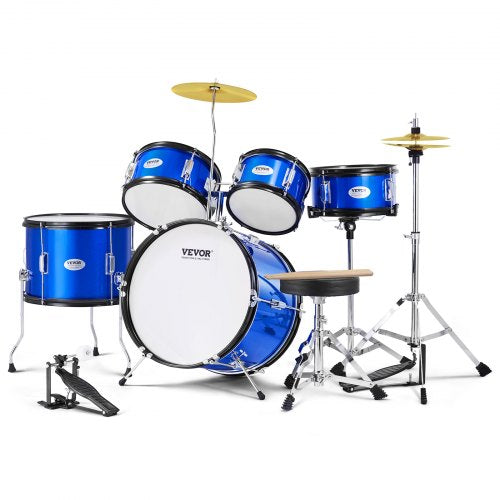 Barntrumset, 5-delars, 16-tums komplett trumset för nybörjare med baspukor, virveltrumma, golvtrumma, justerbar troncymbal, hi-hat-pedal och två par trumstockar, nybörjartrumset för barn, blått