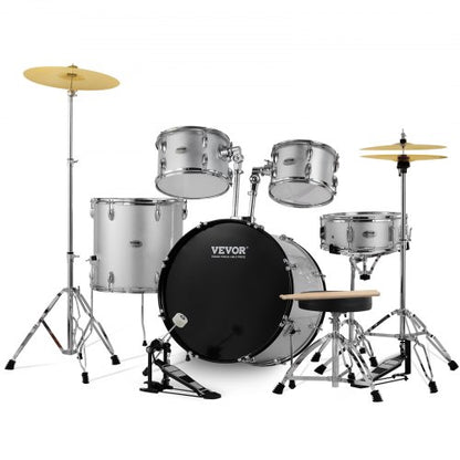 Vuxen trumset, 5-delars, 22 tums komplett trumset i full storlek med baspukor, virveltrumma, golvtrumma, justerbara tronstativ, cymbal, hihatpedal och trumstockar, nybörjartrumset för vuxna, silver