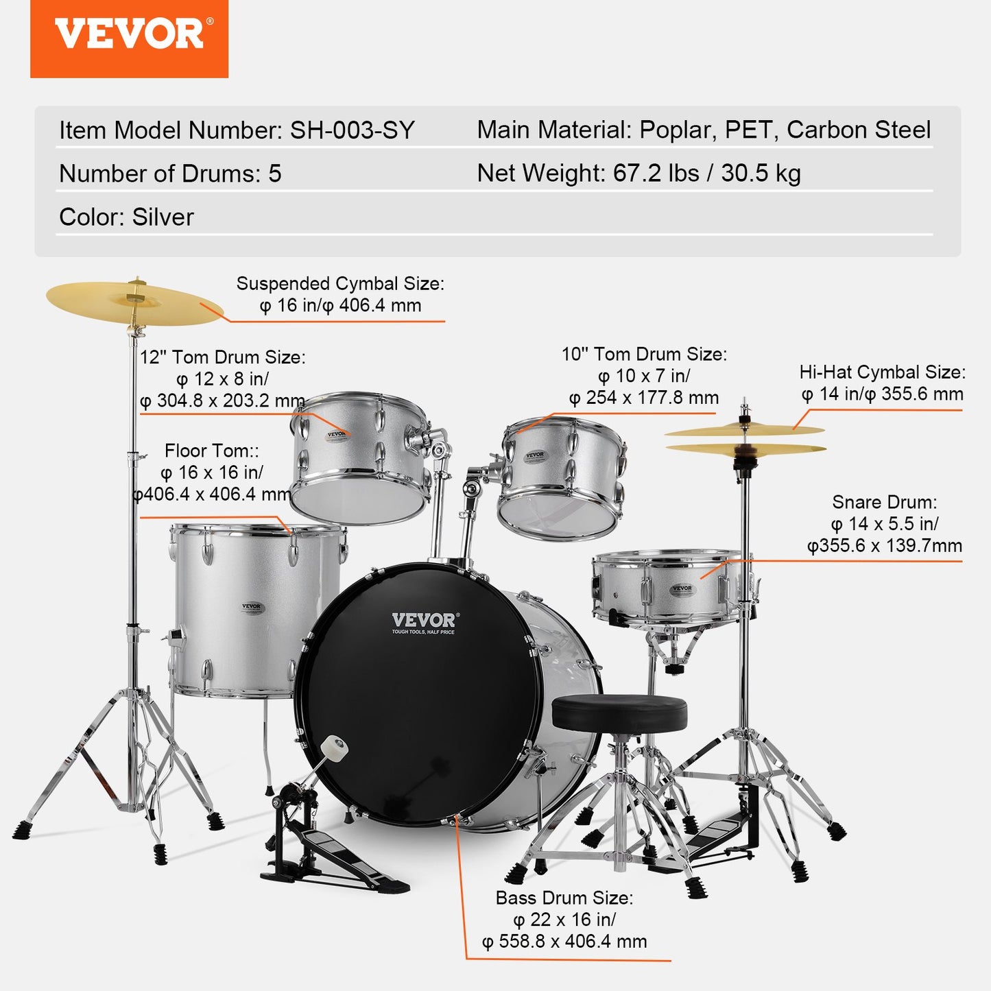 Vuxen trumset, 5-delars, 22 tums komplett trumset i full storlek med baspukor, virveltrumma, golvtrumma, justerbara tronstativ, cymbal, hihatpedal och trumstockar, nybörjartrumset för vuxna, silver