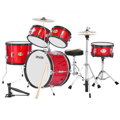 Barntrumset, 5-delars 16 tum / 406,4 mm juniortrumset, trumset för nybörjare med justerbart ställ och två par trumstockar, musikaliskt lärande truminstrumentkit, för barn i åldrarna 6-13 (röd)