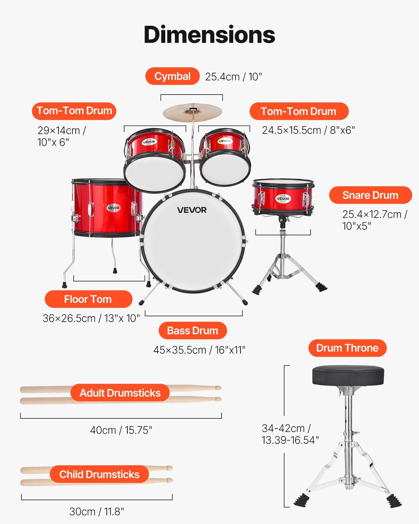 Barntrumset, 5-delars 16 tum / 406,4 mm juniortrumset, trumset för nybörjare med justerbart ställ och två par trumstockar, musikaliskt lärande truminstrumentkit, för barn i åldrarna 6-13 (röd)
