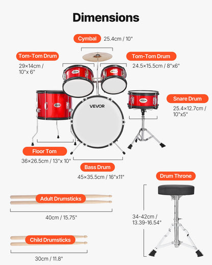 Barntrumset, 5-delars 16 tum / 406,4 mm juniortrumset, trumset för nybörjare med justerbart ställ och två par trumstockar, musikaliskt lärande truminstrumentkit, för barn i åldrarna 6-13 (röd)