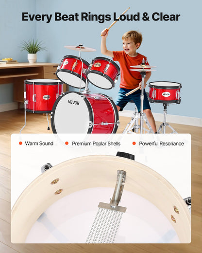 Barntrumset, 5-delars 16 tum / 406,4 mm juniortrumset, trumset för nybörjare med justerbart ställ och två par trumstockar, musikaliskt lärande truminstrumentkit, för barn i åldrarna 6-13 (röd)