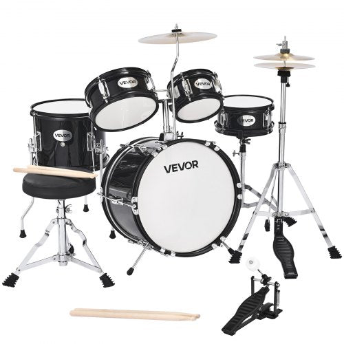 Kids Drum Set, 5-Piece 14 in / 355.6 mm Junior Drum Sets, Beginner Drums Set with Adjustable Throne and Two Pairs of Drumsticks, Musical Learning Drums Instruments Kit, for Children Ages 6-13(Black)
