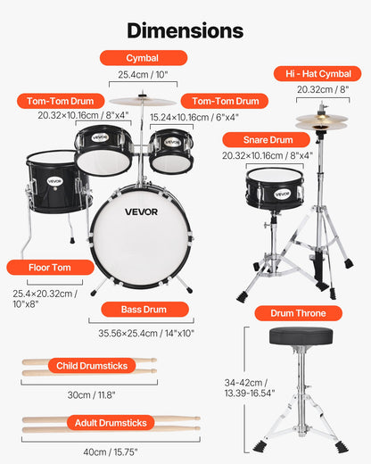 Kids Drum Set, 5-Piece 14 in / 355.6 mm Junior Drum Sets, Beginner Drums Set with Adjustable Throne and Two Pairs of Drumsticks, Musical Learning Drums Instruments Kit, for Children Ages 6-13(Black)