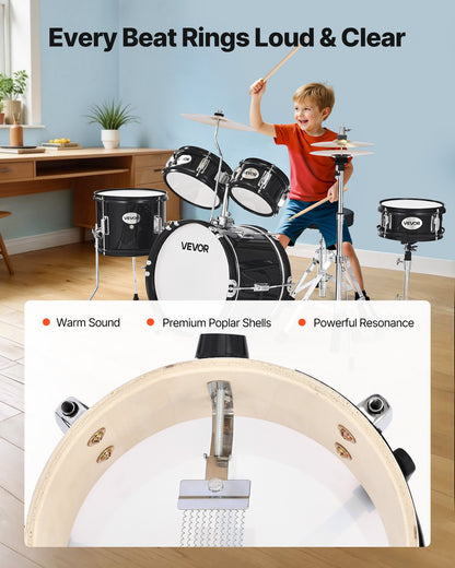 Kids Drum Set, 5-Piece 14 in / 355.6 mm Junior Drum Sets, Beginner Drums Set with Adjustable Throne and Two Pairs of Drumsticks, Musical Learning Drums Instruments Kit, for Children Ages 6-13(Black)