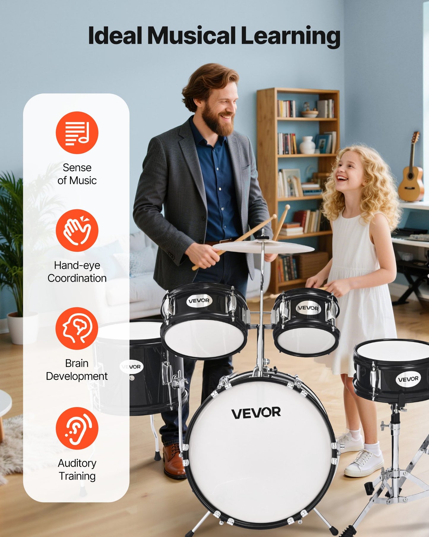 Kids Drum Set, 5-Piece 14 in / 355.6 mm Junior Drum Sets, Beginner Drums Set with Adjustable Throne and Two Pairs of Drumsticks, Musical Learning Drums Instruments Kit, for Children Ages 6-13(Black)