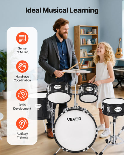 Kids Drum Set, 5-Piece 14 in / 355.6 mm Junior Drum Sets, Beginner Drums Set with Adjustable Throne and Two Pairs of Drumsticks, Musical Learning Drums Instruments Kit, for Children Ages 6-13(Black)